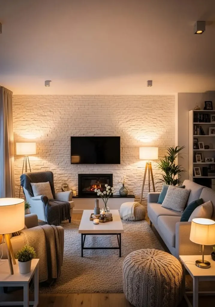 Stone accent TV wall in cozy living room.