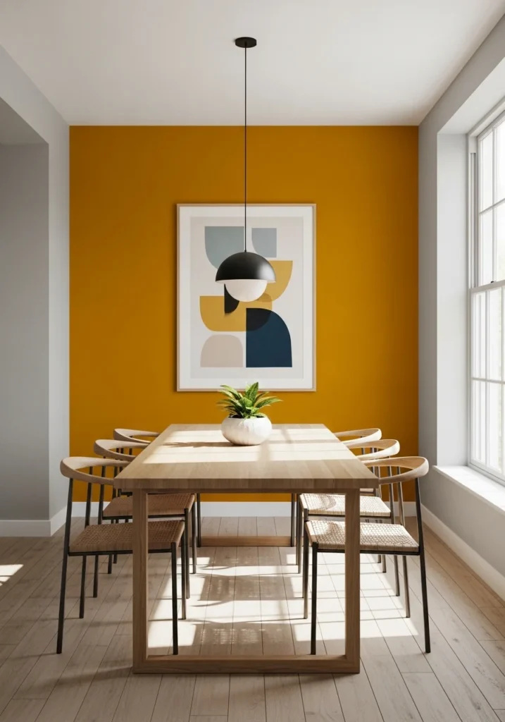 Dining room featuring a colorful accent wall and neutral decor.