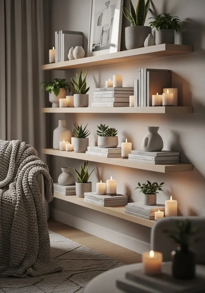 Floating shelves accent wall in living room styled with decor and plants