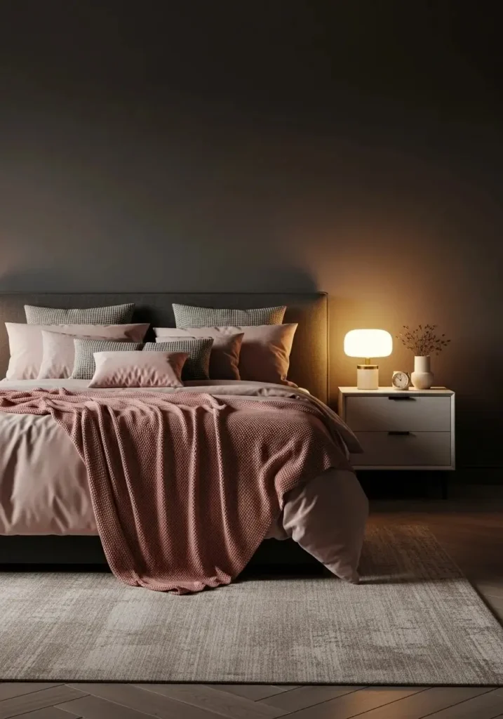 Dark gray bedroom with blush pink accents.