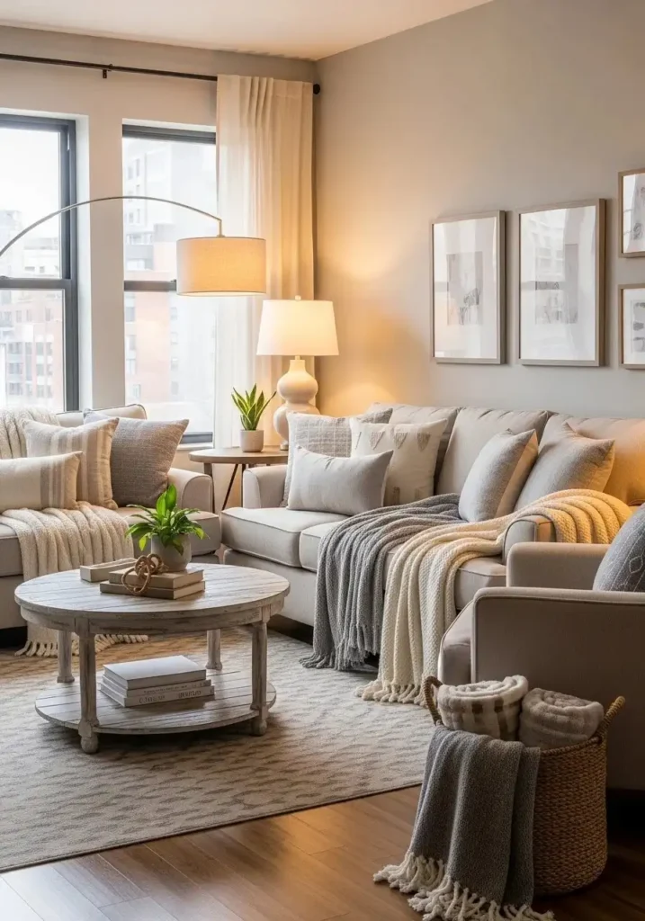 Apartment living room styled with textured pillows and throws.