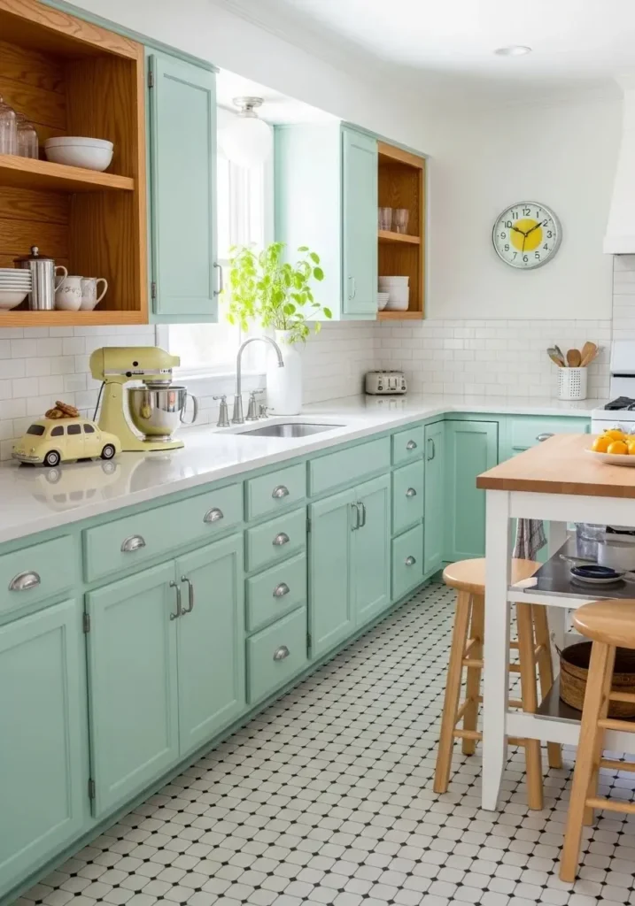 Soft mint green kitchen cabinets with white countertops.