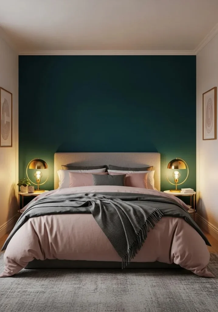 Teal accent wall with blush bedding