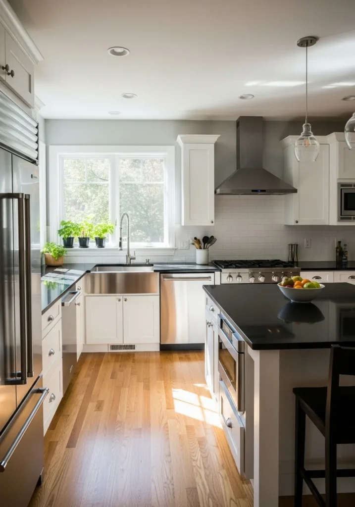 Black countertops with light wood floors in bright kitchen.