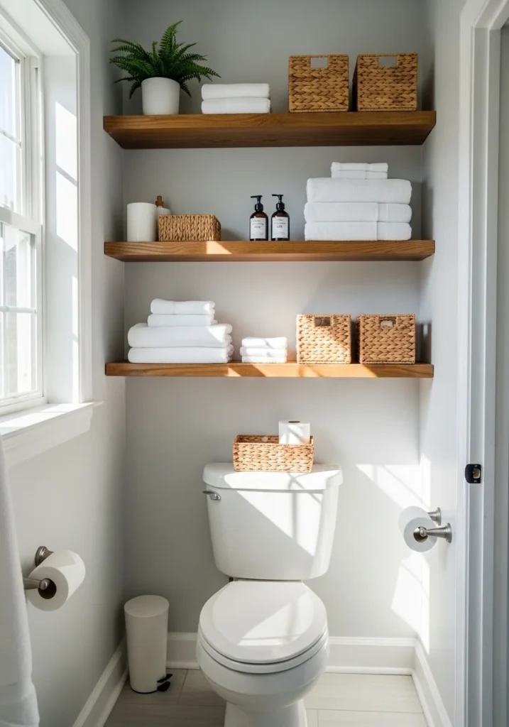 floating shelves above toilet for small bathroom storage