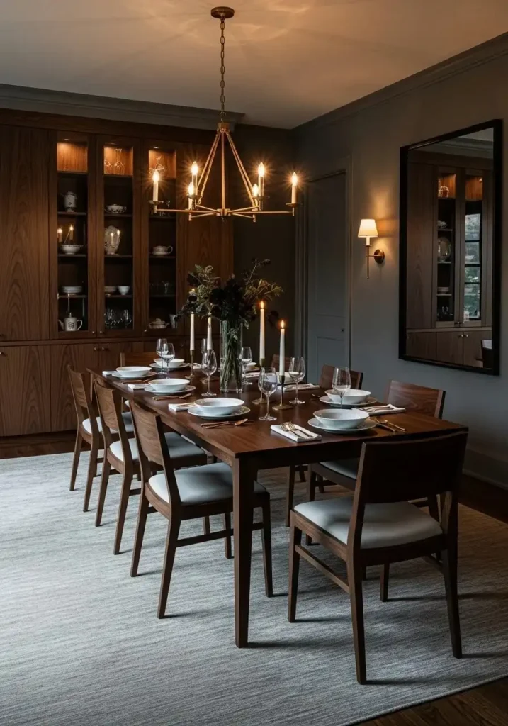 Dining room with dark wood furniture creating a moody atmosphere.
