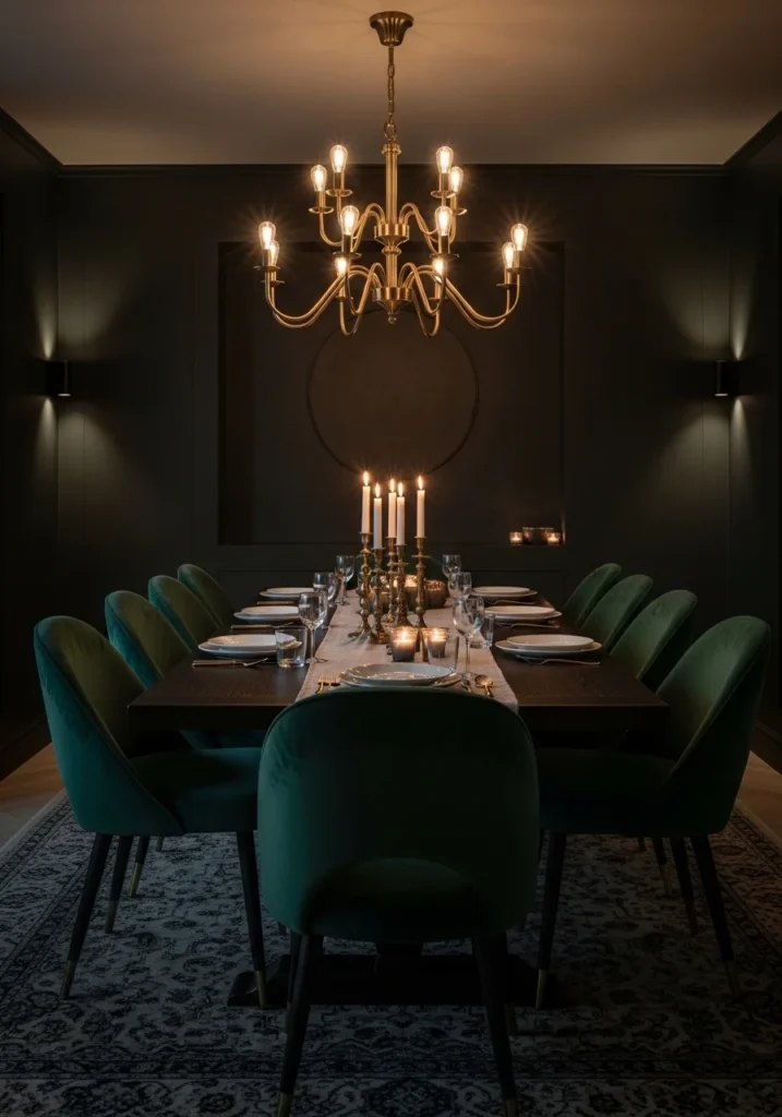 Moody dining room with velvet dining chairs and rich textures.