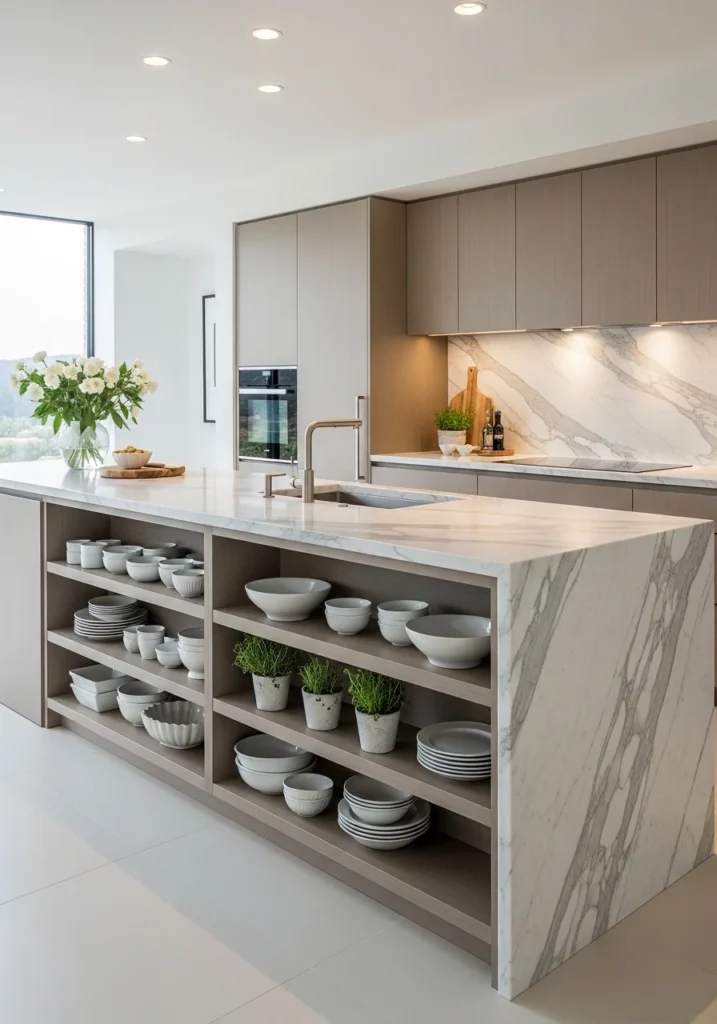 waterfall island kitchen with storage shelves modern design