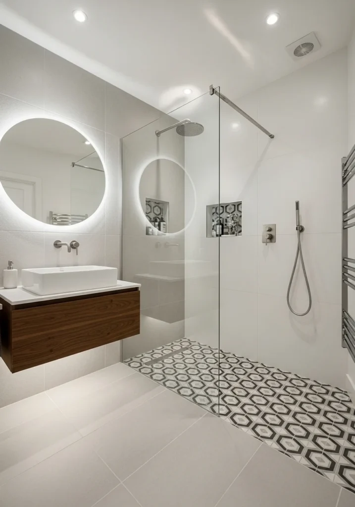 Walk-in shower with patterned floor tiles