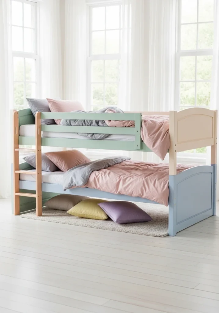 Soft pastel loft bed with calm and cozy under-bed area in a small bedroom.