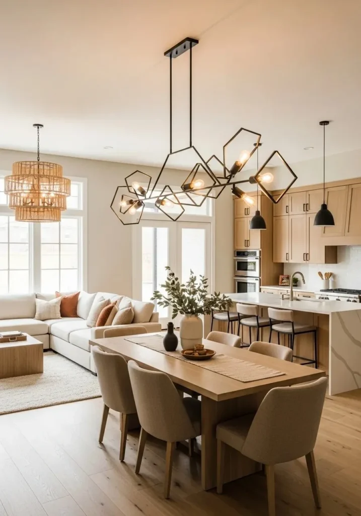 Statement pendant light defining dining area in open layout