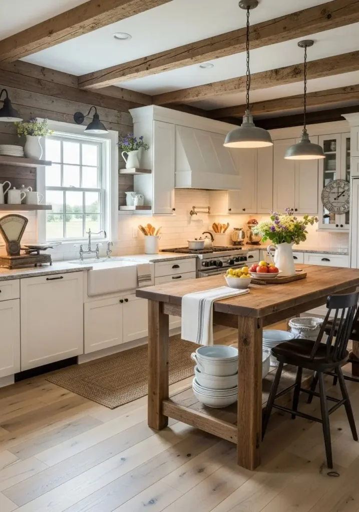 Farmhouse one wall kitchen with rustic island
