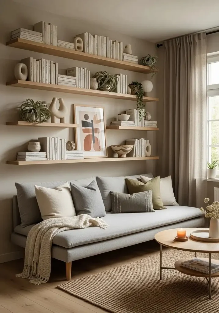 Wall-mounted book display adding style and personality to living room.