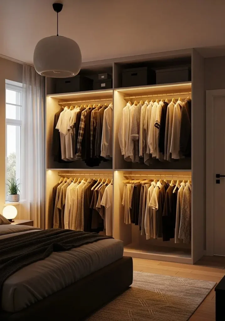 LED closet lighting making bedroom storage bright and functional