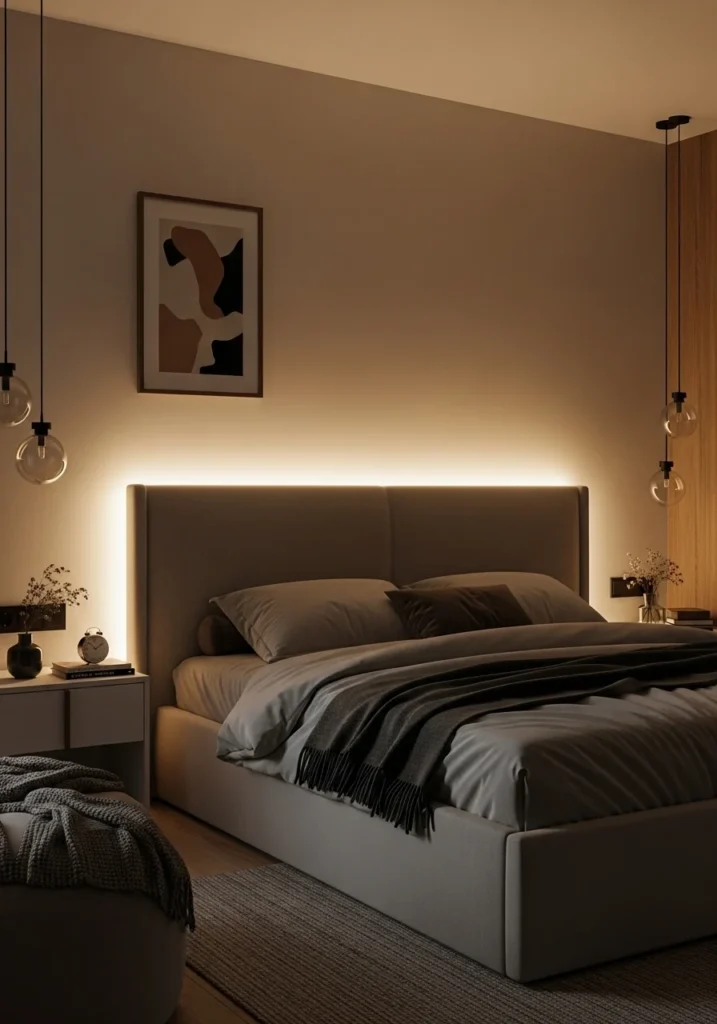 LED strip lighting behind headboard creating warm ambient glow in bedroom