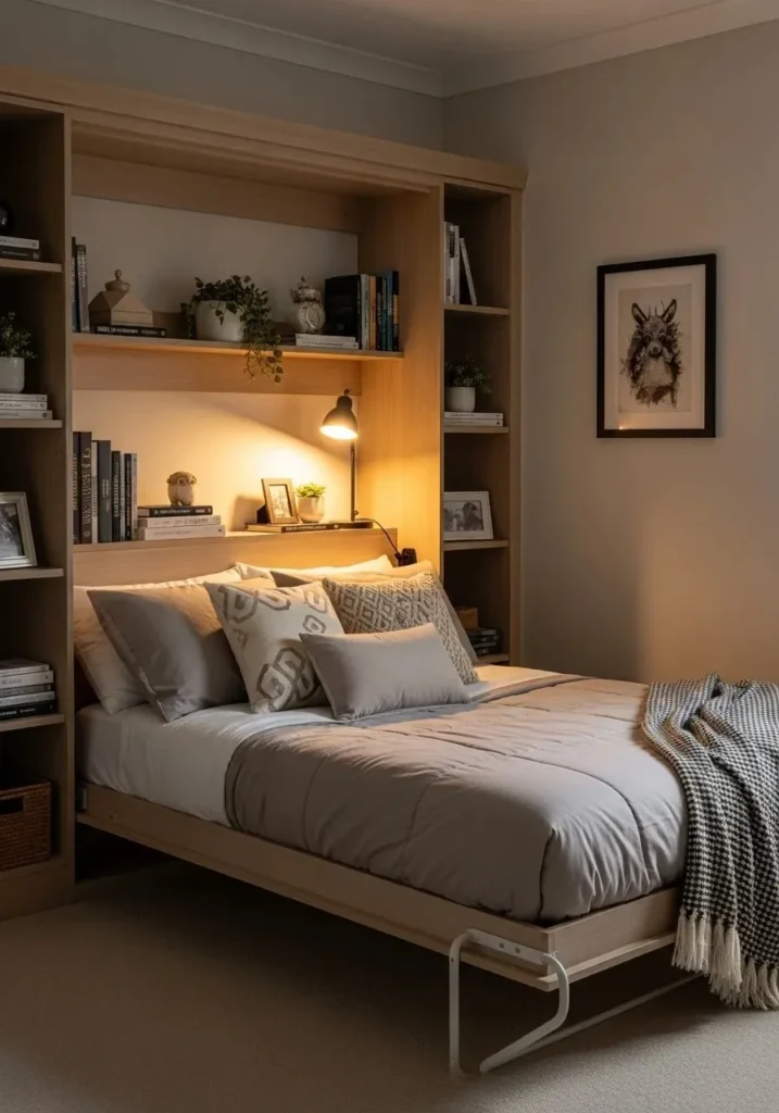Murphy bed placed in a cozy corner nook with built-in shelving.