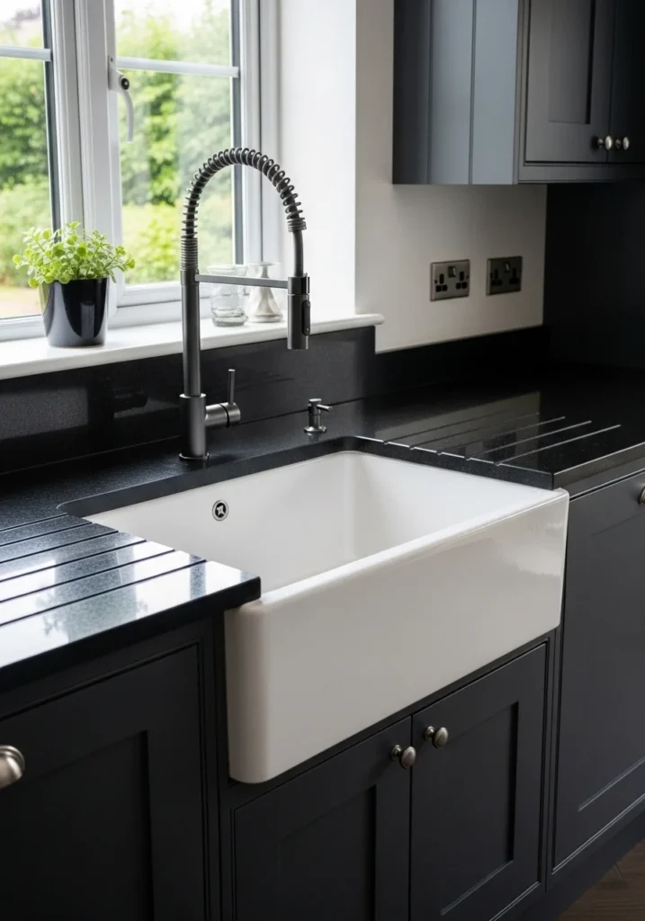 black countertops with white farmhouse sink