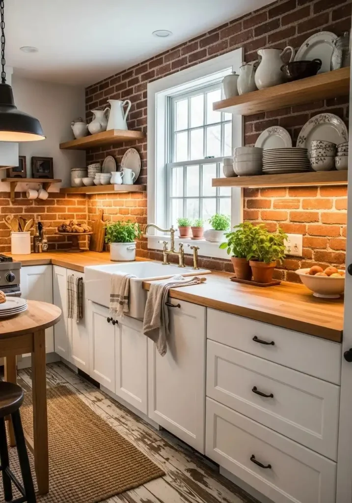 Rustic brick kitchen backsplash with warm tones and farmhouse style decor