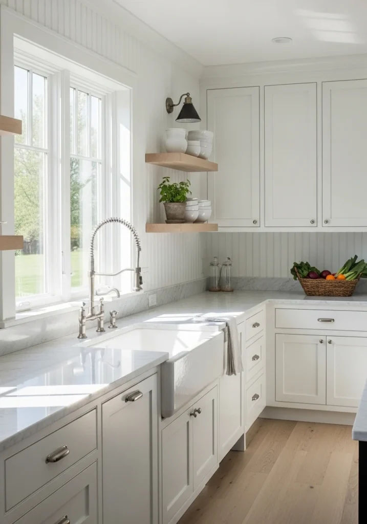 Classic white beadboard backsplash kitchen with bright and airy farmhouse style