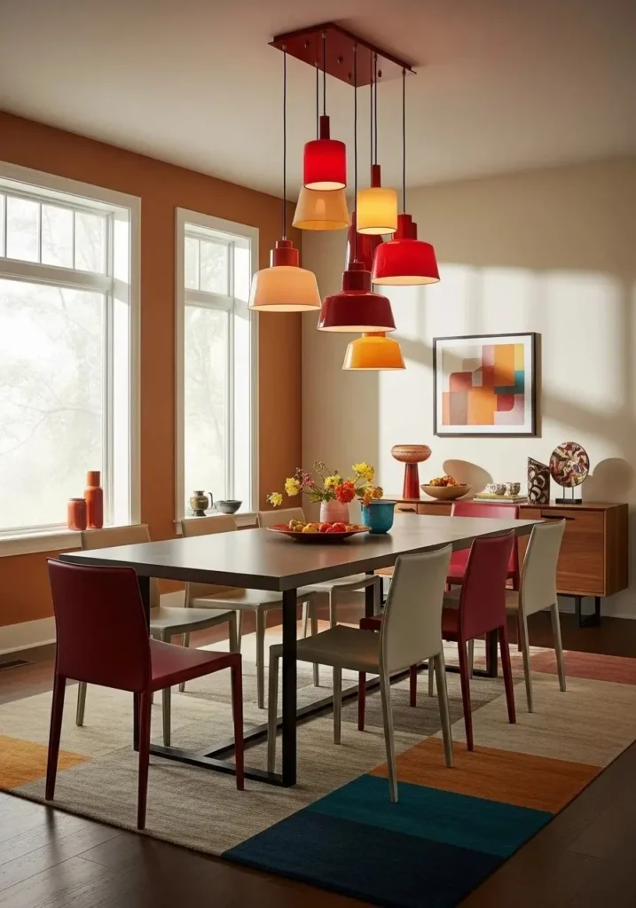Dining room with colorful statement lighting above the table.