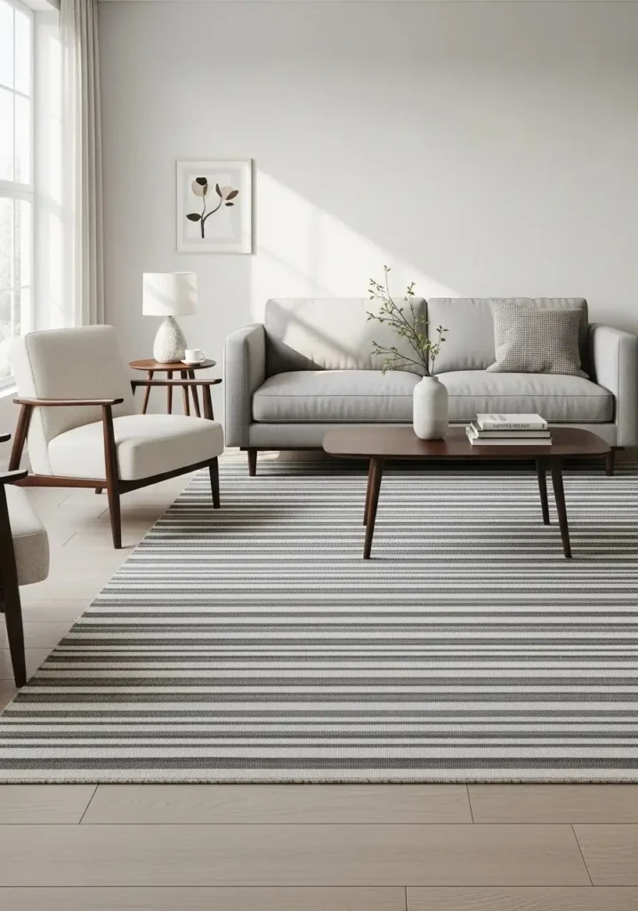 Striped area rug guiding visual direction and expanding living room space.