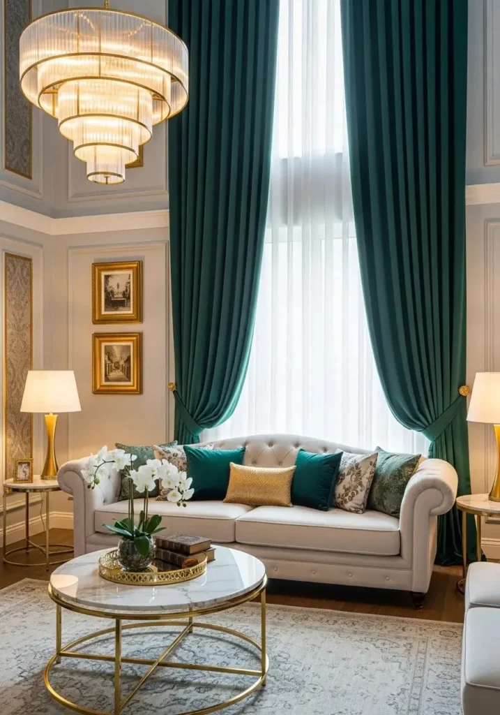 Luxurious emerald velvet curtains adding depth and elegance to a living room.
