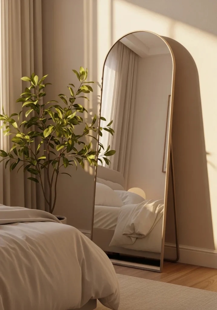 arched floor mirror adding soft elegant look to bedroom