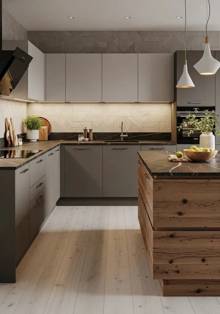 L-shaped kitchen with mixed material island combining wood and stone textures.