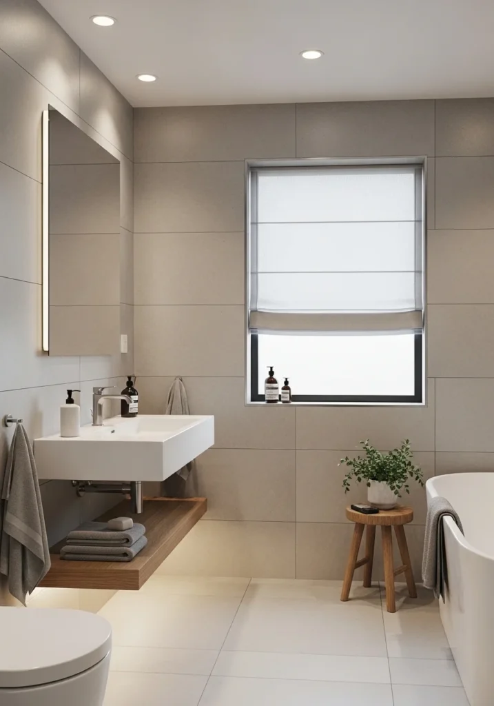 Bathroom window with frosted fabric curtains providing privacy while letting in natural light.
