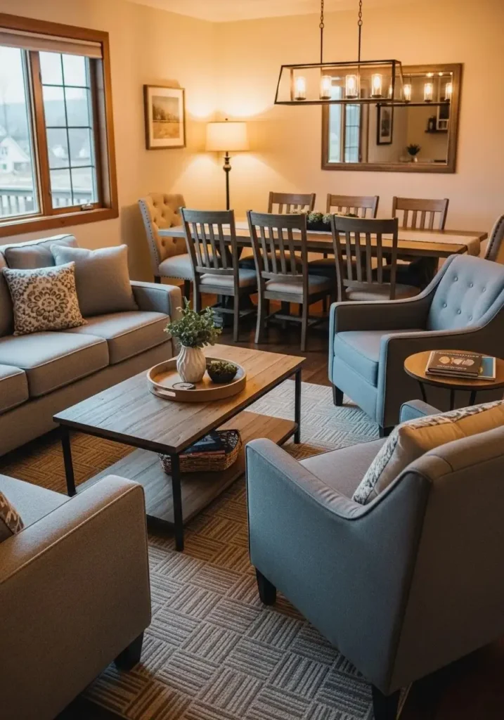 Conversation seating area in living room dining room combo