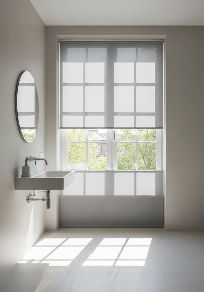 Bathroom with half window curtains allowing natural light from above while maintaining privacy.