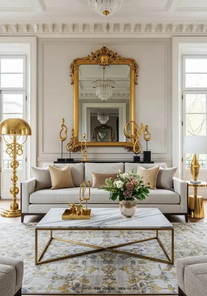luxury living room with gold accent decor and metallic details