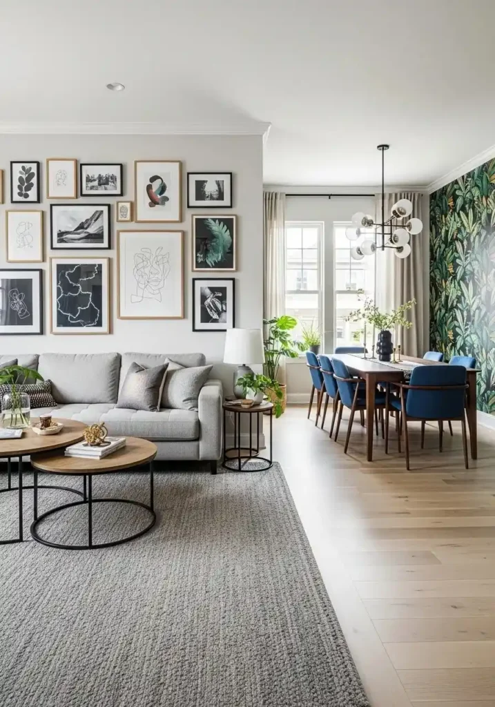 Different wall treatments separating living and dining areas