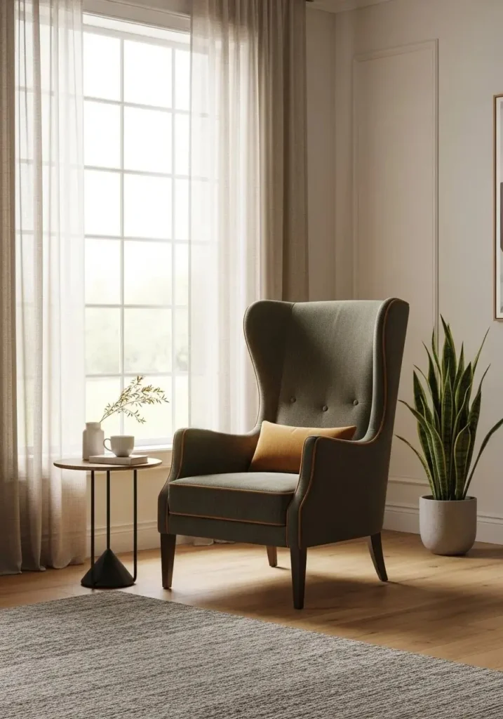 High-back accent chair creating statement in living room