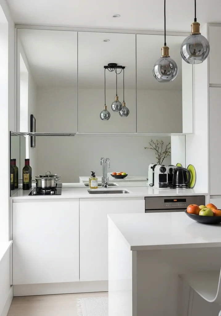 Mirrored backsplash reflects light and visually expands a small kitchen space.