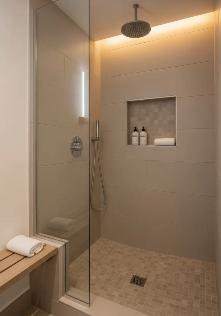 Neutral color walk-in shower in a small bathroom