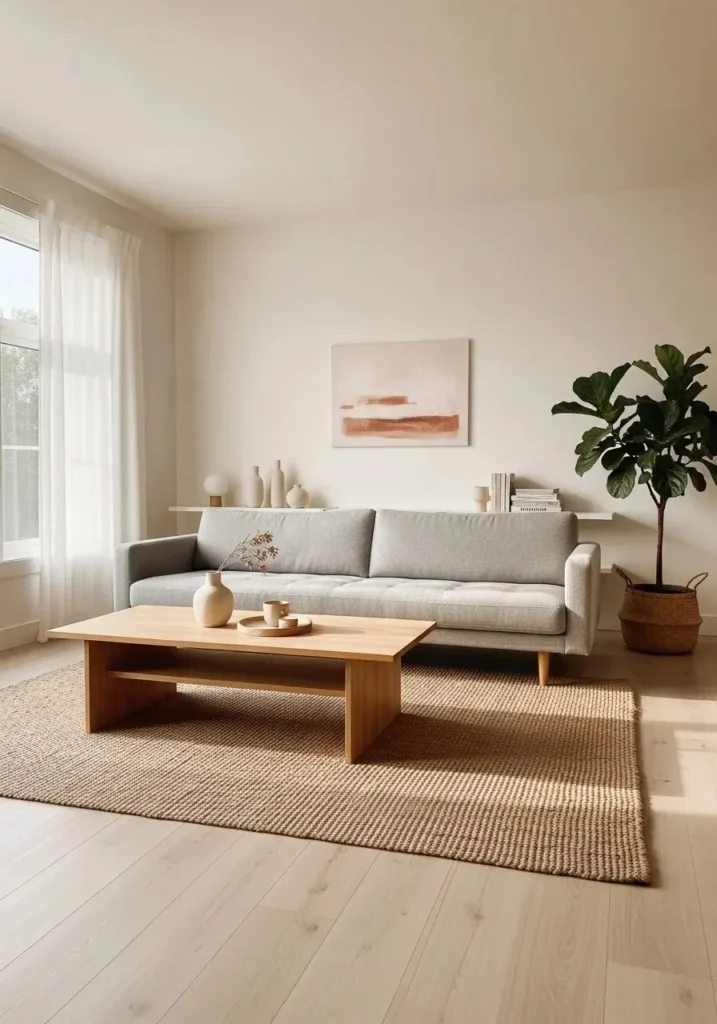 Low furniture Japandi living room with simple and minimal design