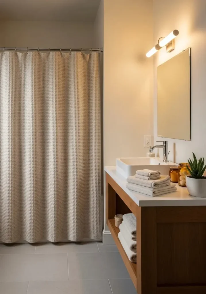 waffle weave bathroom curtain textured cozy bathroom idea