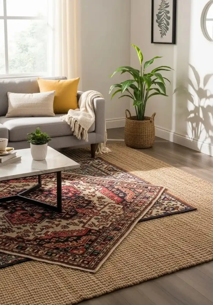 Layered jute and colorful vintage rugs under sofa and coffee table in living room.