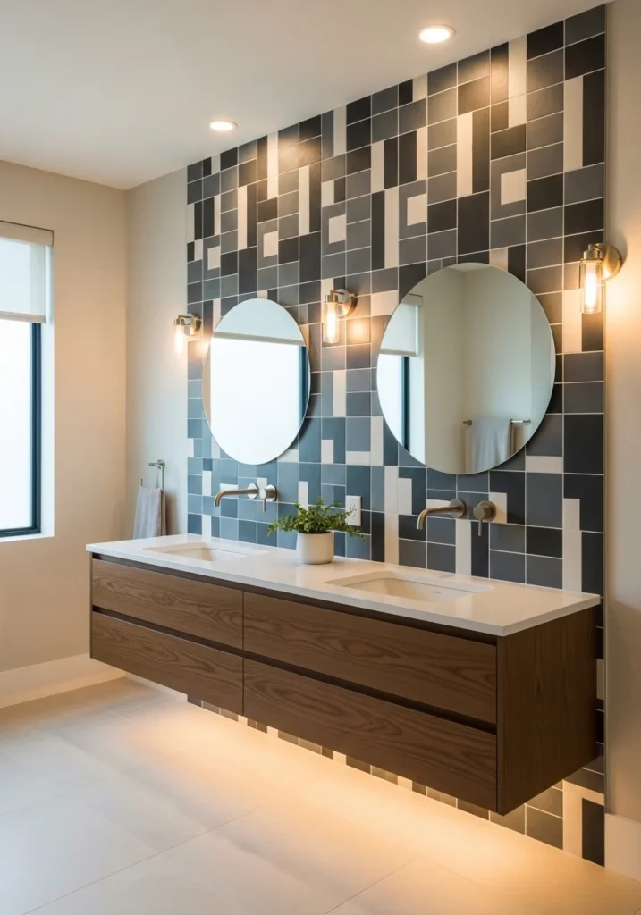 bathroom with bold accent tile wall