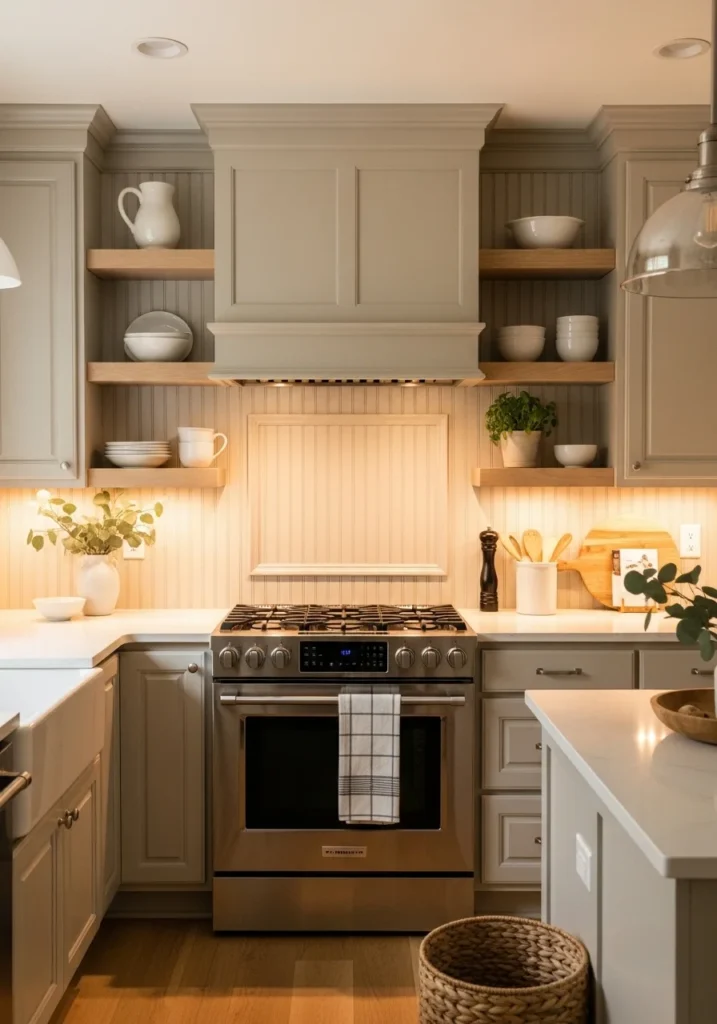 Beadboard backsplash accent behind stove in cozy kitchen design
