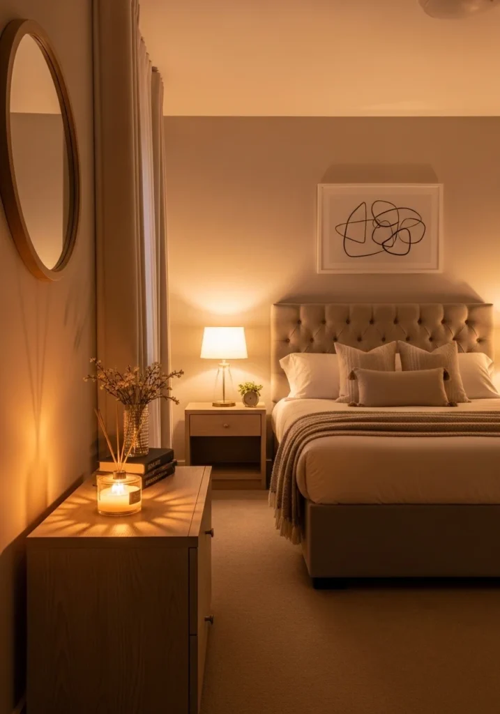 Full guest bedroom candle diffuser calm relaxing welcoming peaceful atmosphere