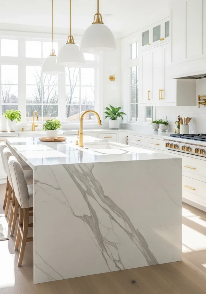 classic white marble waterfall island kitchen with elegant veining
