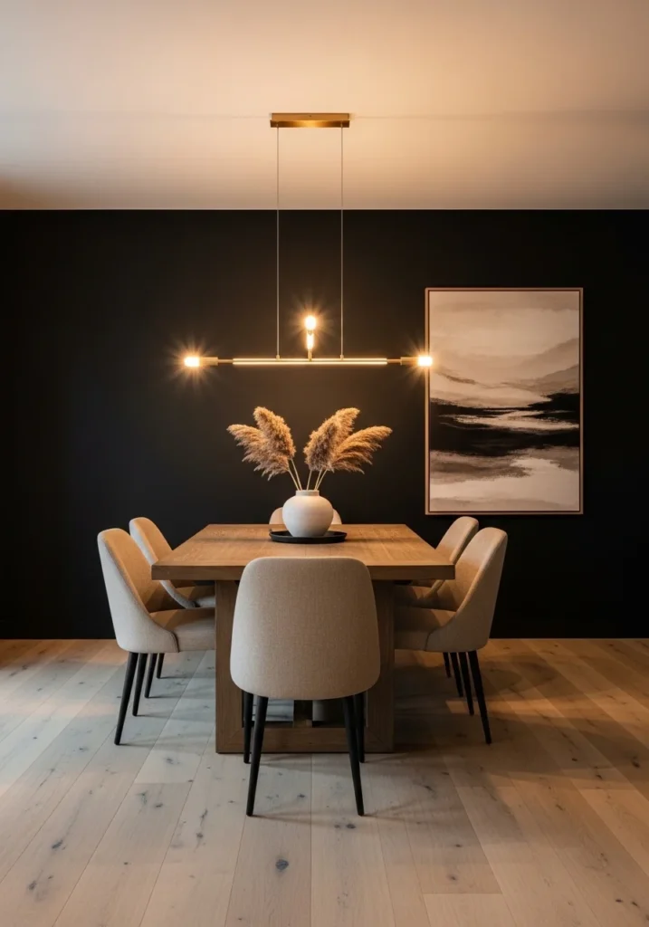 Matte black accent wall dining room with beige chairs and wooden table creating a cozy modern look.