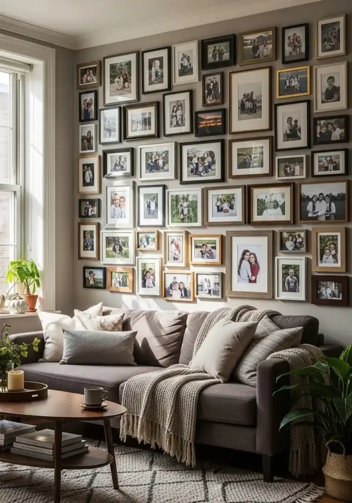 Gallery wall of personal photos with varied frames in a cozy living room.