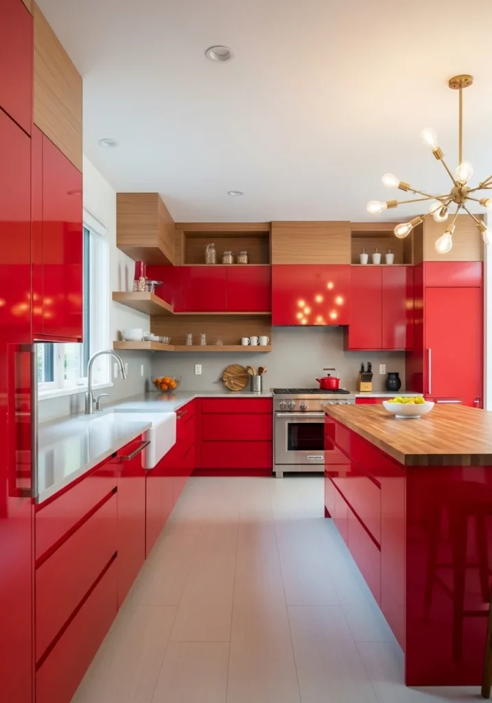 Bold red kitchen cabinets with neutral countertops.