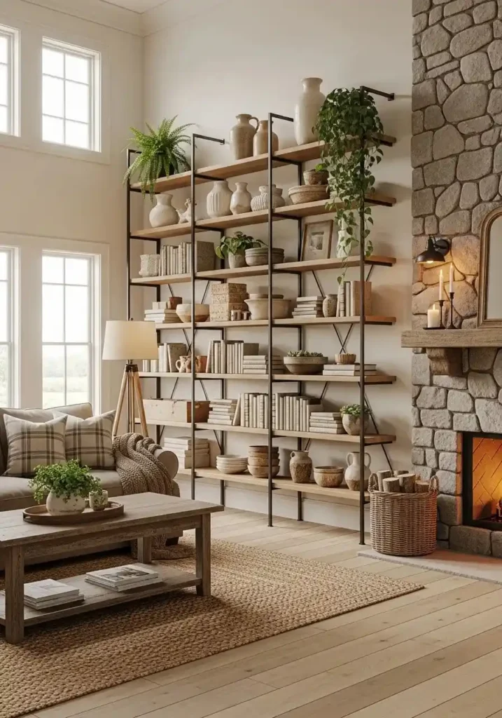 farmhouse living room open shelving decor