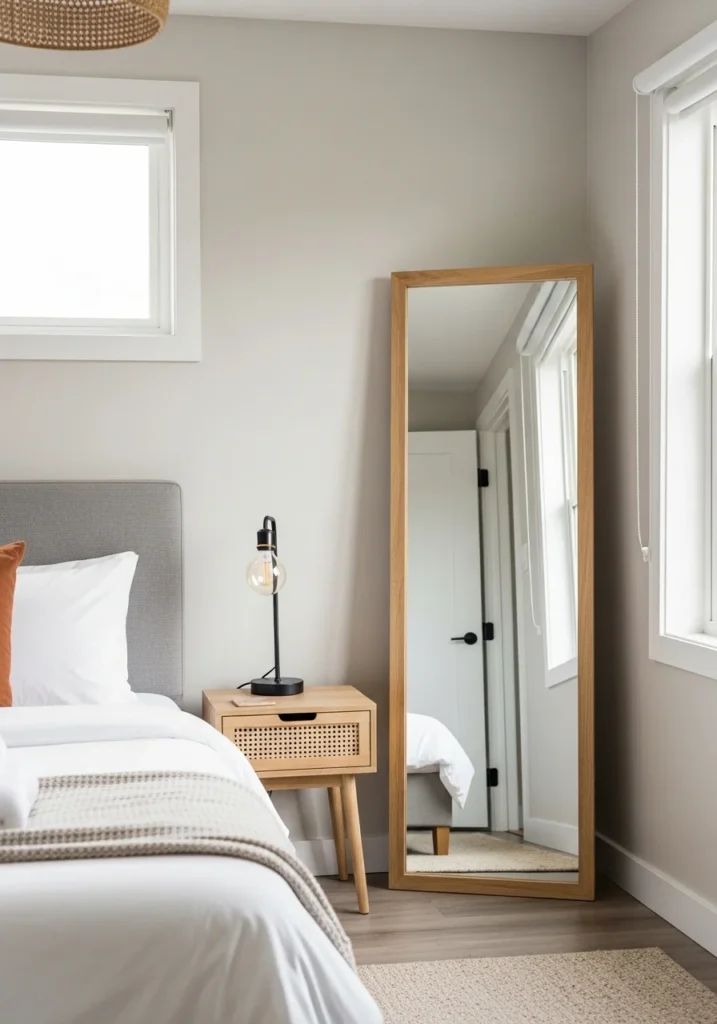 Full guest bedroom mirror bright spacious functional elegant peaceful design