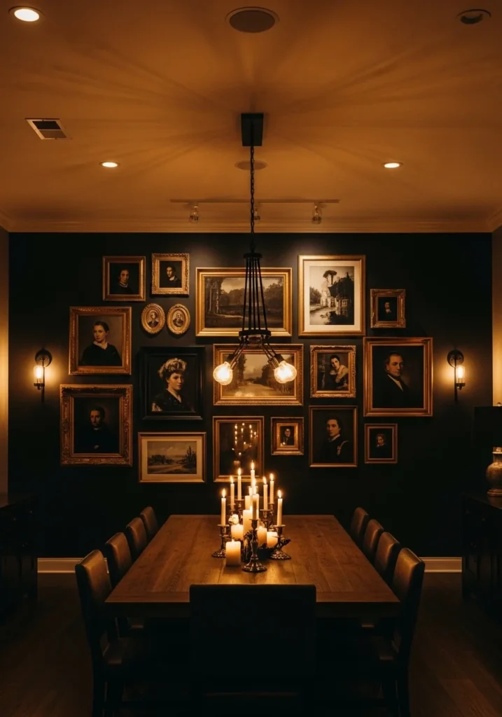 Moody dining room featuring a gallery wall with framed artwork.