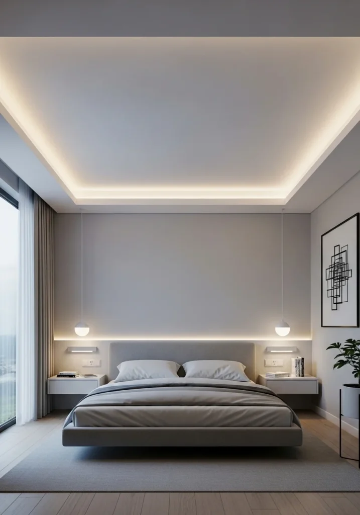 ceiling cove LED lighting creating soft ambient bedroom glow